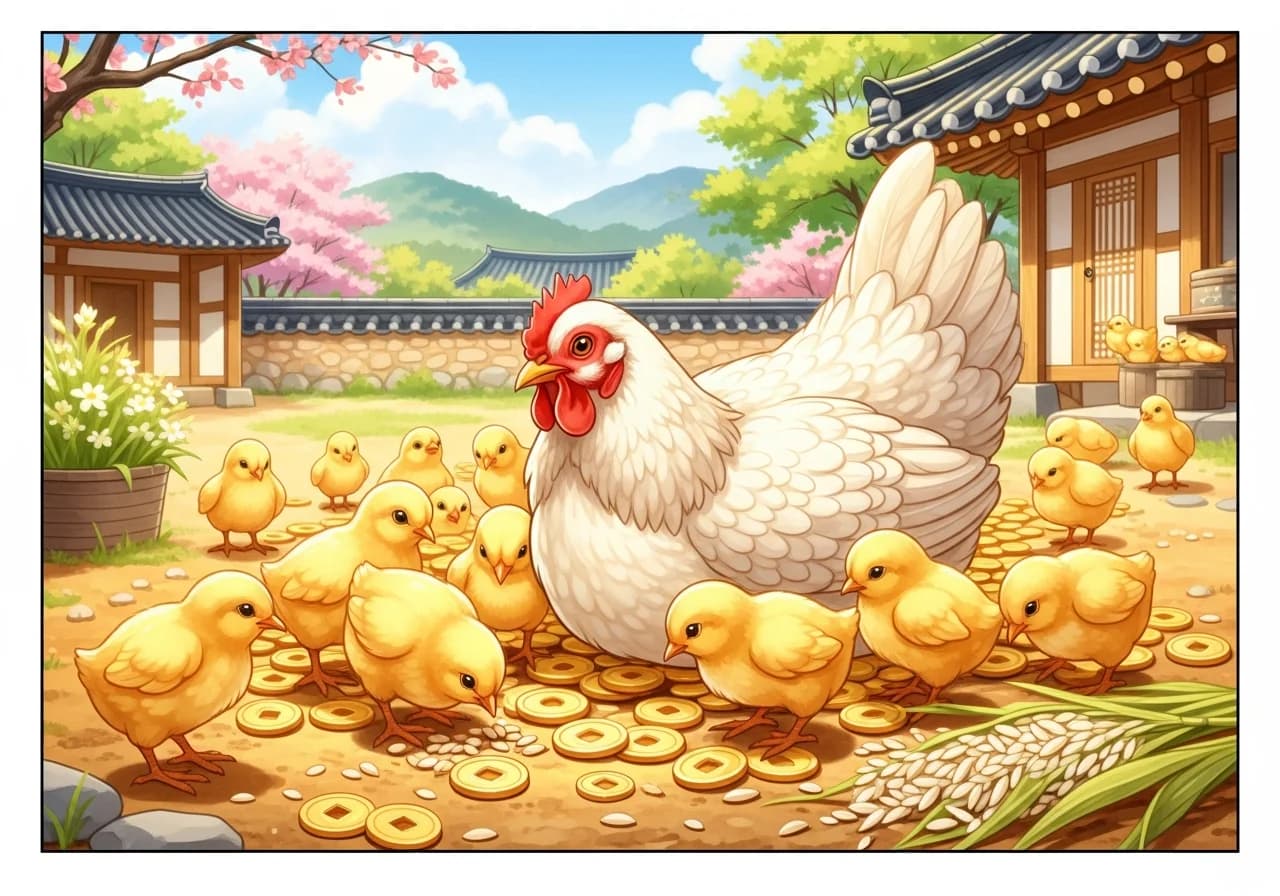 길몽: 알을 낳고 병아리를 품는 암탉
