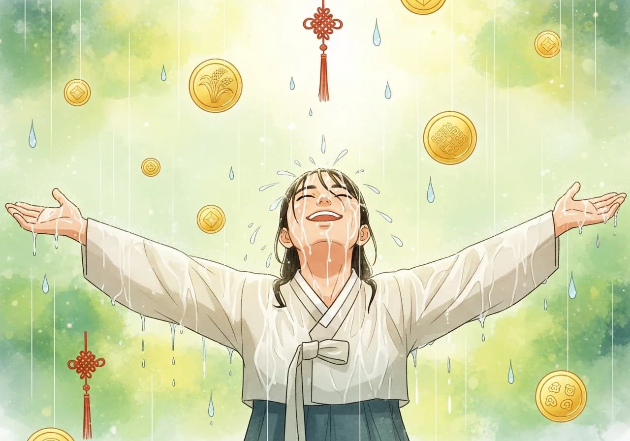 길몽: 비에 흠뻑 젖거나 풍성하게 내리는 꿈