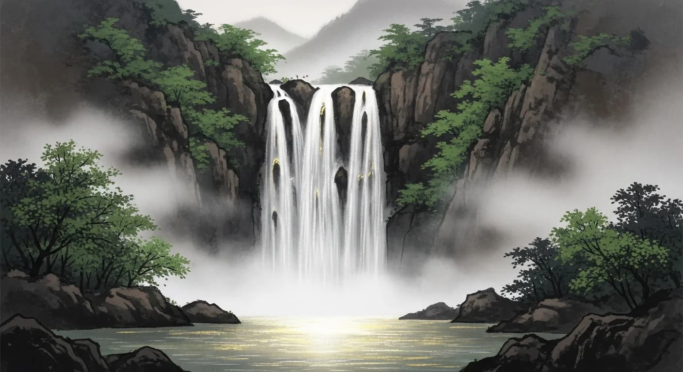 폭포 꿈해몽: 하늘의 기운이 쏟아지는 강력한 길몽
